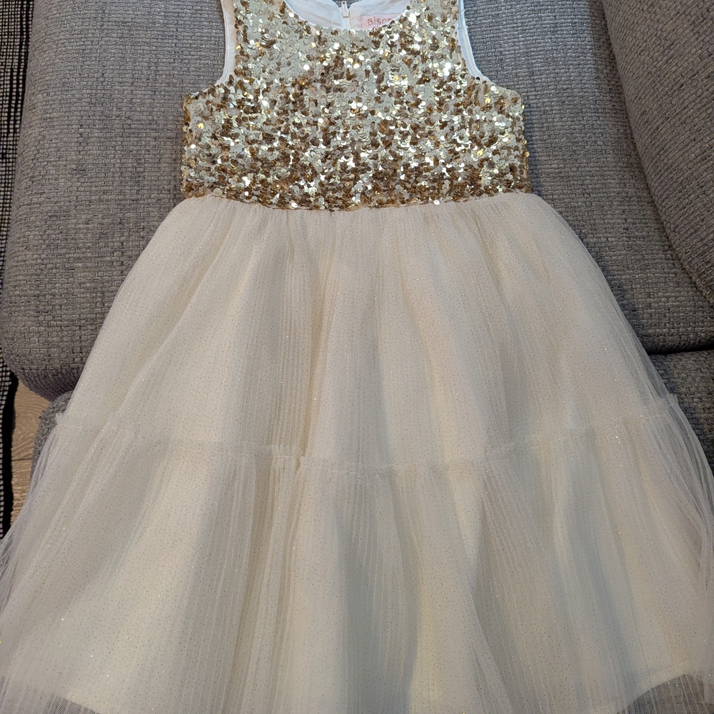 Biscotti Gold Sequin and Cream Tulle Dress